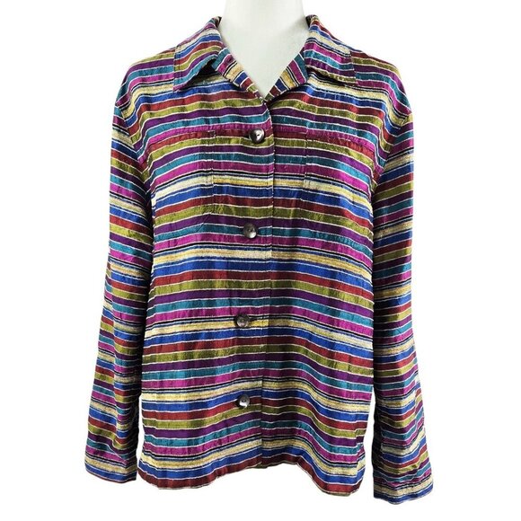 Vintage Chico's Design Silk Blend Multicolor Stripe Textured Jacket Eclectic - Picture 1 of 8